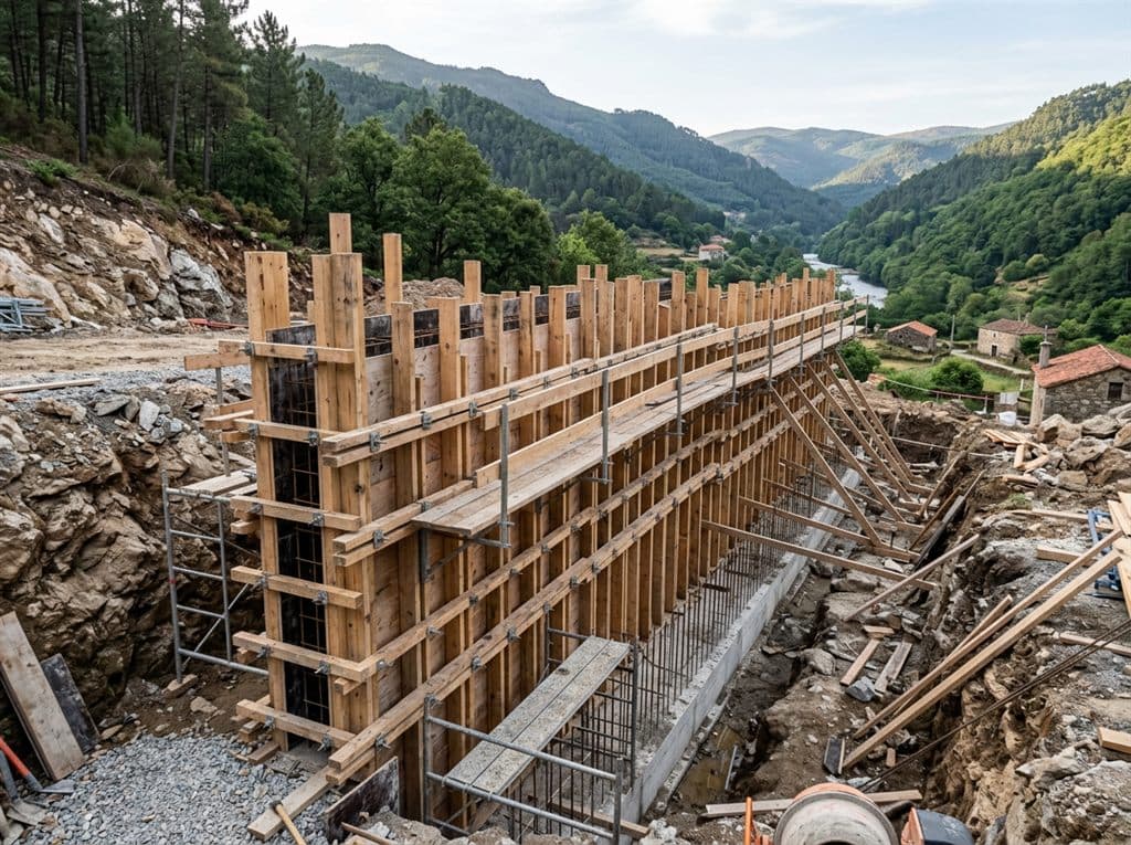 Proceso de construcción de un muro de contención en Ourense